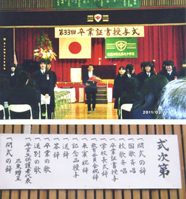 卒業式当日に使用された看板と式次第